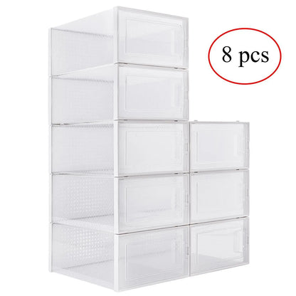 Pack of 8 Transparent and White Shoe Storage Organizers Stackable Plastic Boxes for Closet Sneakers