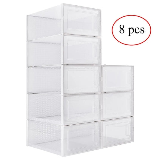 Pack of 8 Transparent and White Shoe Storage Organizers Stackable Plastic Boxes for Closet Sneakers