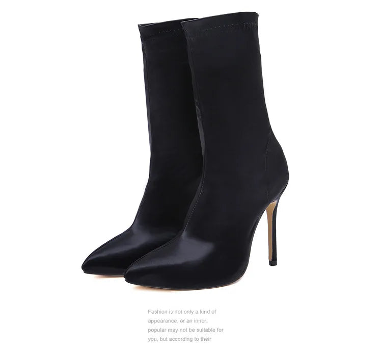 2021 Fall Woman Stretch Socks High-heeled Satin Boots Mid-tube Shoes Women Elegant Short Boots Women Shoes