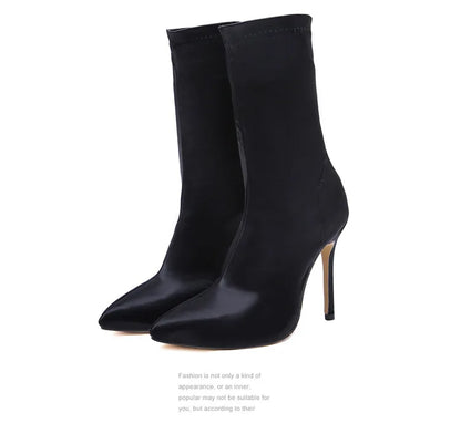 2021 Fall Woman Stretch Socks High-heeled Satin Boots Mid-tube Shoes Women Elegant Short Boots Women Shoes