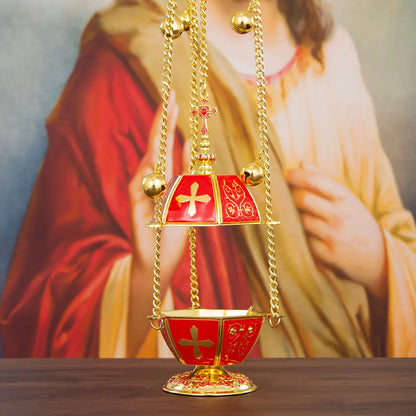 Handcrafted Orthodox Golden Censer with Vibrant Red Enamel Accents Liturgical Incense Burner for Church Ceremonies