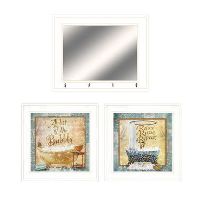 Bit of Bubbly White Framed Bathroom Wall Art Set of Three Including Mirror and Hooks by HMS
