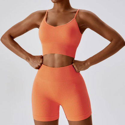 Joyyoung ODM/OEM New Sexy Training Apparel Seamless Ribbed High ed Bra Scrunch Shorts Yoga Sets Fitness Sports Clothing