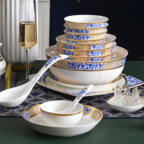 Light Luxury Tableware Set Bowls and Dishes Combination Enamel Blue and White Embossed Bowls and Dishes