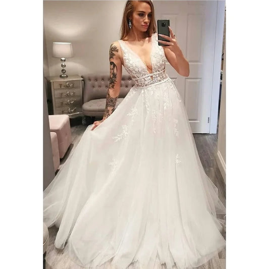 11827#Ivory Sexy Backless V Neckline A-Line Boho Tulle Sexy Simple Floor Length Lace Applique Wedding Dress Wedding Bridal Gown