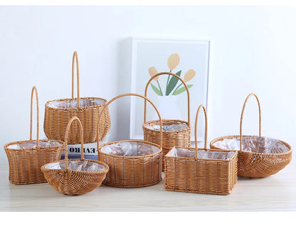 Portable Outdoor Picnic Basket Home Decorative Storage Woven Flower Pot Hand-held Rattan Wicker Accompanying Gift Floral Basket