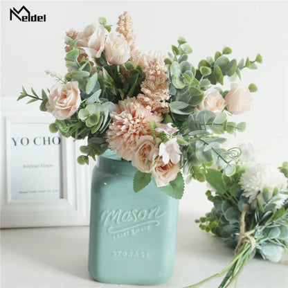 Meldel Wedding Flower Bouquet Artificial Silk Rose Lucky Ball Flower Home Wedding Decor Bride Bouquet Forest Style Eucalyptus