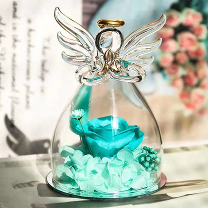 Wholesale Customized Angel Figurines Glass Dome Real Preserved Rose Flower for Valentine's Day Eternal Forever Roses Flowers