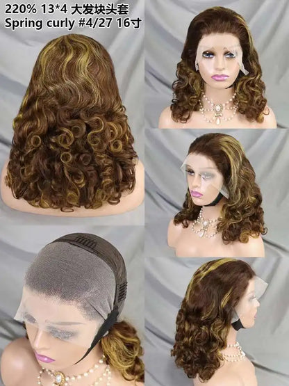 Wholesale 13*4 Full Frontal Lace Spring Curly Brazilian Wig 16 Inch 220% Density 99J Raw Human Hair Wig for Black Women