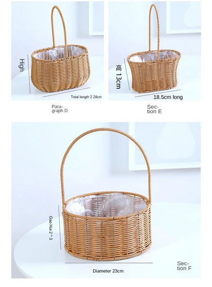 Portable Outdoor Picnic Basket Home Decorative Storage Woven Flower Pot Hand-held Rattan Wicker Accompanying Gift Floral Basket