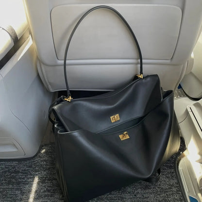 2024 New Tote Bag Genuine Leather Women's Bag Smooth Cowhide Handbag Lock Buckle Single Shoulder Crossbody Bag