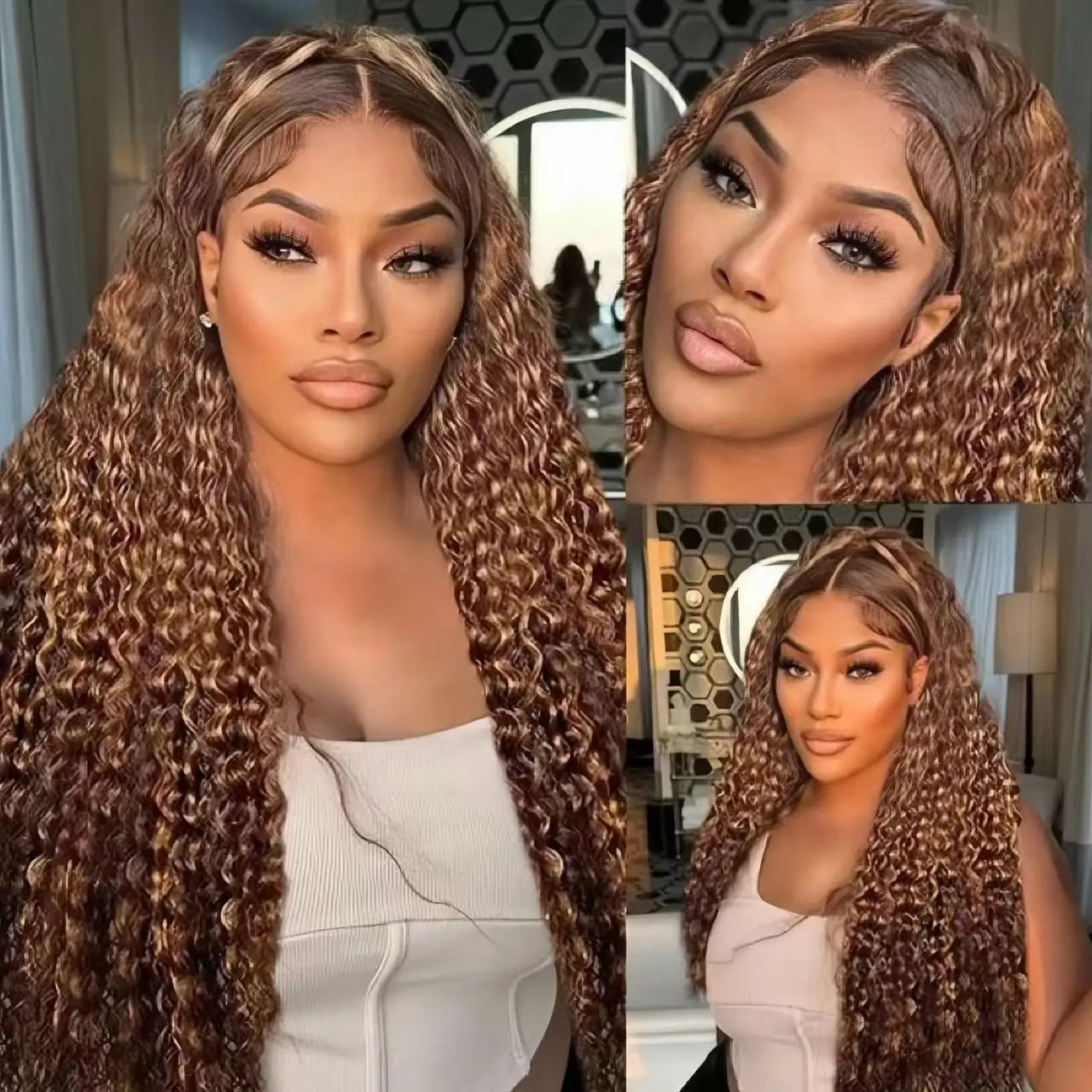 13x6 Highlight Wig Human Hair Deep Wave HD Lace Front Human Hair Wig P4/27 Ombre Brown Blonde Lace Front Wigs for Black Women
