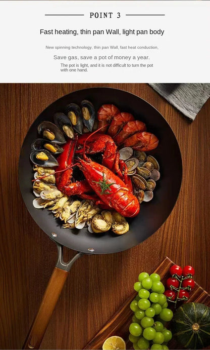 Extra Thick Nitrided Cast Iron Frying Pan Wood Grain Handle Tempered Glass Lid Non-Coated Non-Stick Surface CE Certified