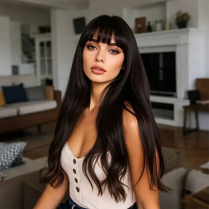 2025 Tea Black Color Synthetic Wigs with Bangs Long Natural Wavy Hair Wig for Women Daily Use Cosplay Party Heat ResistantSM7235