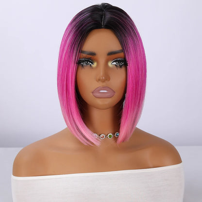 Wholesale Dark Hair Root Short pink Layered Gradient Synthetic Hair Wig Straight Hair Without Bangs Bangs Natural Appearance 539