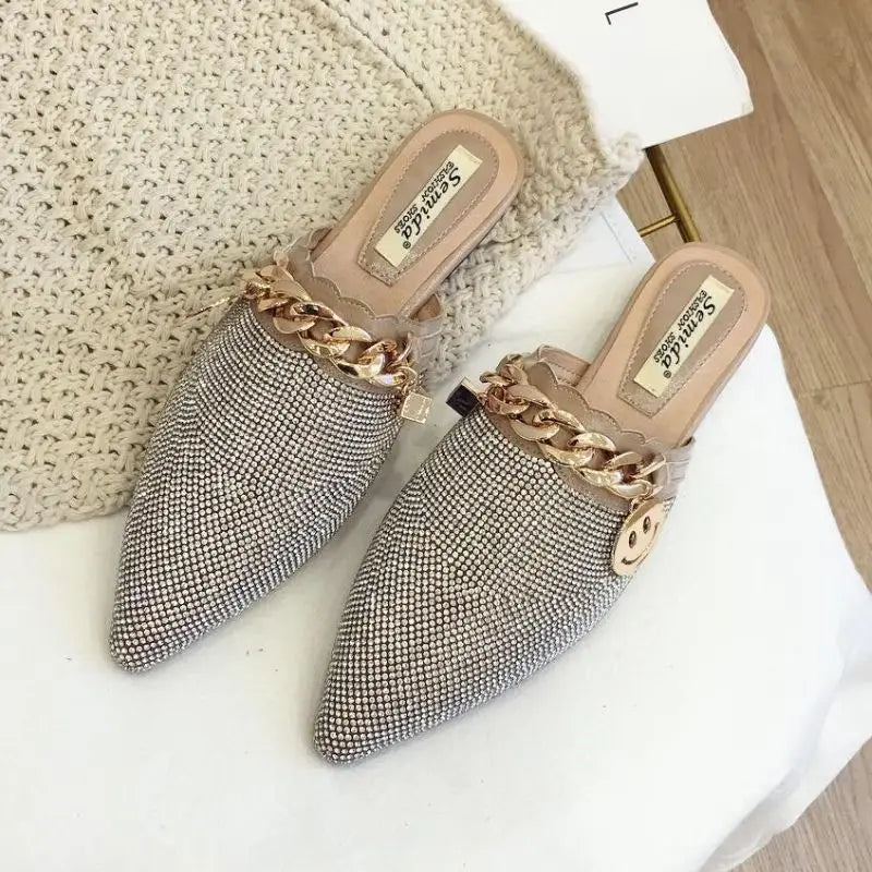 Full Rhinestone Scarpe Mule Outdoor Slippers Closed Toe Female Women Loafer Spring  Flat Shoes with Diamonds