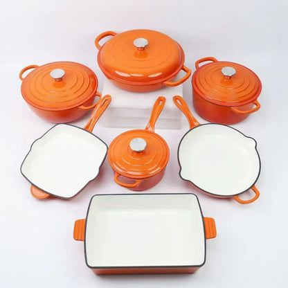 Customized 7-Piece Cast Iron Cookware Set Red Enamel Coated Kitchen Casserole Pot Durable Minimalist Metal Design Low MOQ