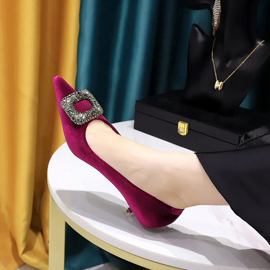 Retro Women's Shoes with Thin Heel Mid Heel Shallow Mouth Pointed Toe Metal Rhinestone Buckle Single Shoe