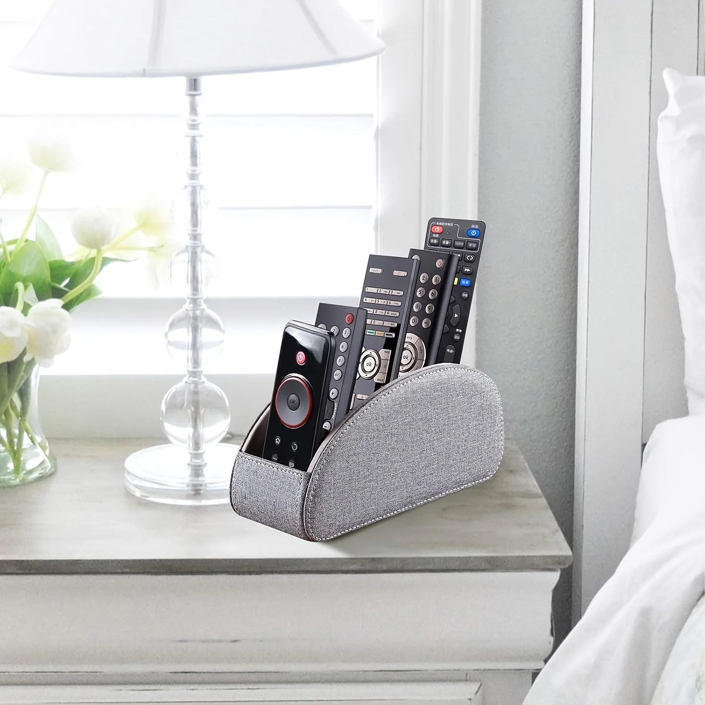 Faux Leather Remote Control Holder with 5 Compartments, Multifunctional Desktop Storage Box/Remote Organizer Caddy/Pen Case/Home
