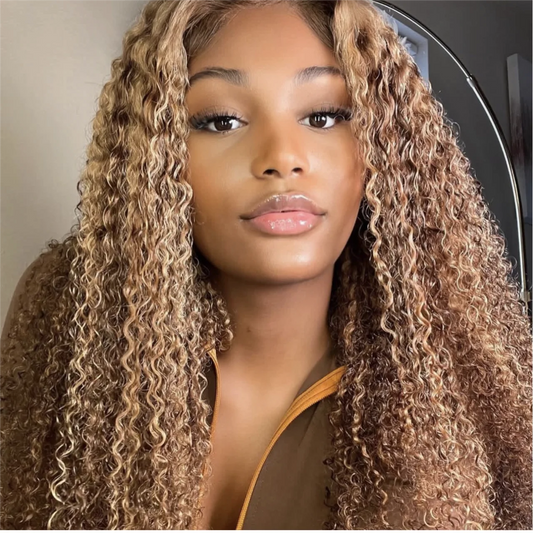 4/27 Highlight Ombre Honey Blonde Kinky Curly 13x4 HD Transparent Lace Front Wigs for Black Women Brazilian Human Hair Wig