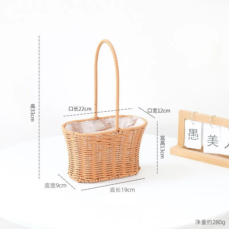 Portable Outdoor Picnic Basket Home Decorative Storage Woven Flower Pot Hand-held Rattan Wicker Accompanying Gift Floral Basket