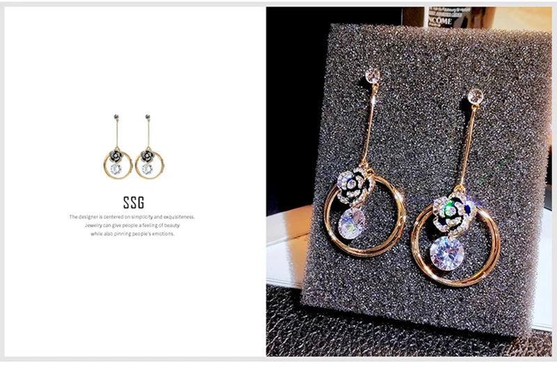 Korea Fashion Black Enamel Camellia Earrings Women Luxury brand Long Big Cubic Zirconia Drop Earrings Wedding Jewelry Z277