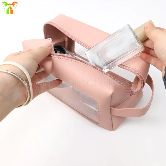 Portable Transparent PVC Toiletry Bags PU Leather Waterproof Zipper Wash Bag Women Makeup Cosmetic Bag for Traveling