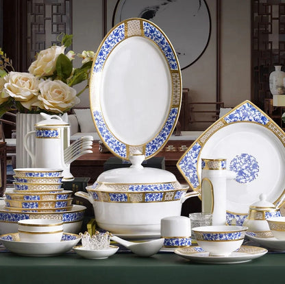 Light Luxury Tableware Set Bowls and Dishes Combination Enamel Blue and White Embossed Bowls and Dishes