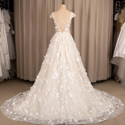 9261# Illusion Sheer Neck A-Line Wedding Dresses for Women Fashion 3D Lace Appliques Sleeveless Bridal Gowns