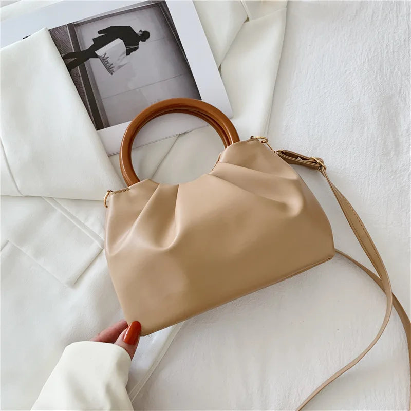 Strength Manufacturer Fashion New Style Wooden Handle Soft Pleated Women Handbag Mini Crossbody Bag Handmade