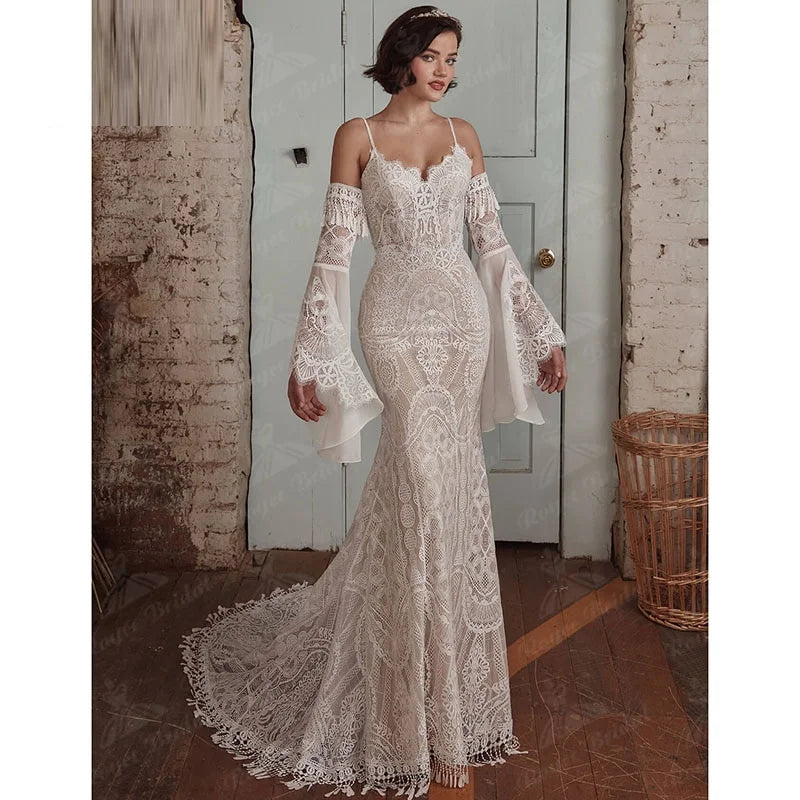 11796# Bohemian Open Back Lace Detachable Sleeves Boho V Neck Lace Spaghetti Straps Wedding Dress Wedding Bridal Gown Custom
