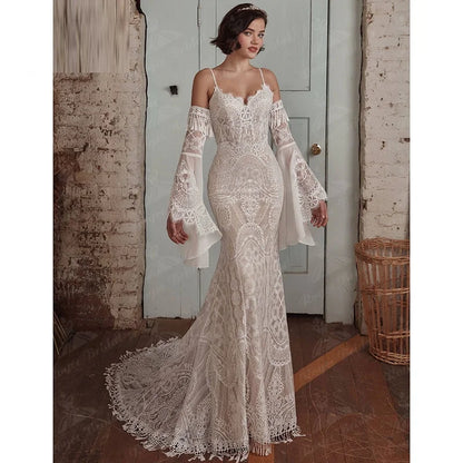 11796# Bohemian Open Back Lace Detachable Sleeves Boho V Neck Lace Spaghetti Straps Wedding Dress Wedding Bridal Gown Custom