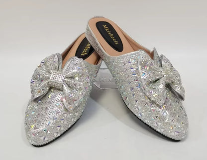 New Fashionable Trend Crystal Rhinestone Pointed Toe Low Heeled Slippers for Ladies and Women Luxury Wedding Sandals Shoes