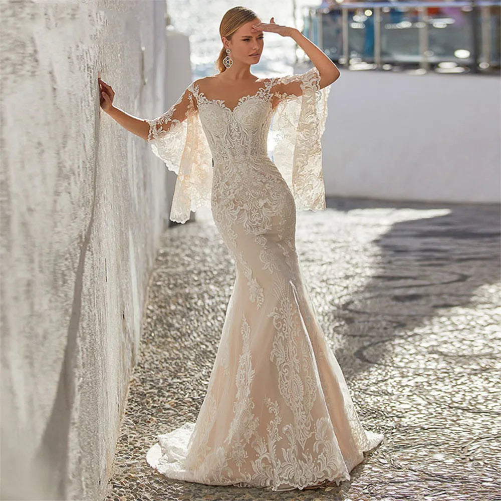 13365#Illusion Chic Bohemian Sweetheart Elegant Backless Lace-Up Flare Sleeves Mermaid Lace Applique Wedding Dress Bridal Gown