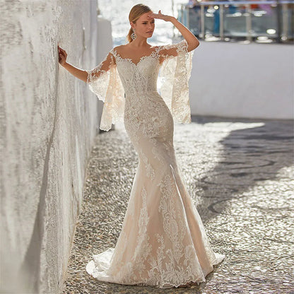 13365#Illusion Chic Bohemian Sweetheart Elegant Backless Lace-Up Flare Sleeves Mermaid Lace Applique Wedding Dress Bridal Gown