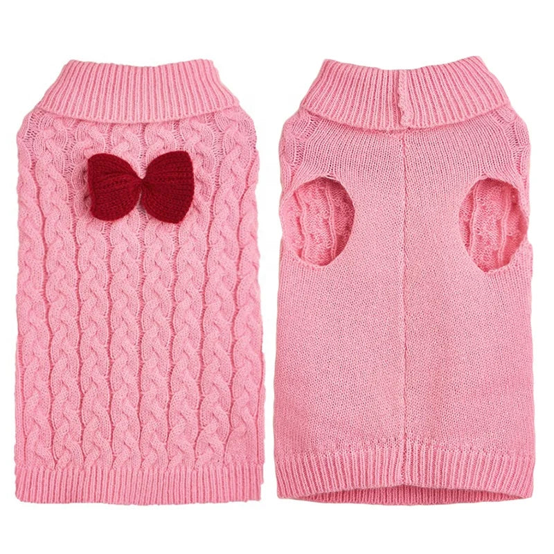 Classic Luxury Knitted Pet Dog Sweater Plain Pure Color with Cute Bow Knot 8 Animal Pattern Colors for Winter Season