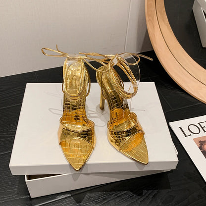 Hot Sale New Women's Shoes 2024 Sexy High-heeled Shoes Thin Heel Gold, Silver crocodile Pattern Sandals