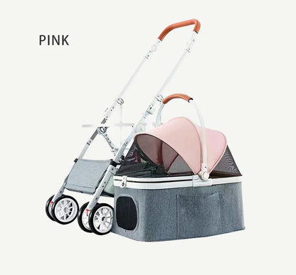 Luxury Easy Fold Removable Liner Waterproof Adjustable Storage Basket Pet Stroller 4 Wheel 15kg Capacity for Dogs/Cats Aluminum
