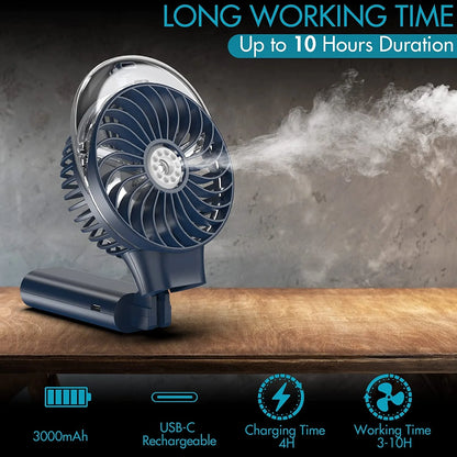 Foldable Handheld Misting Fan 3000mAh USB Rechargeable with Water Tank Spray Function