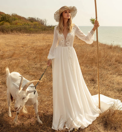 11778# Bohemian Open Back Sweep Train Long Sleeve Boho Beach Lace V  Neck Sexy Chiffon Wedding Dress Wedding Bridal Gown