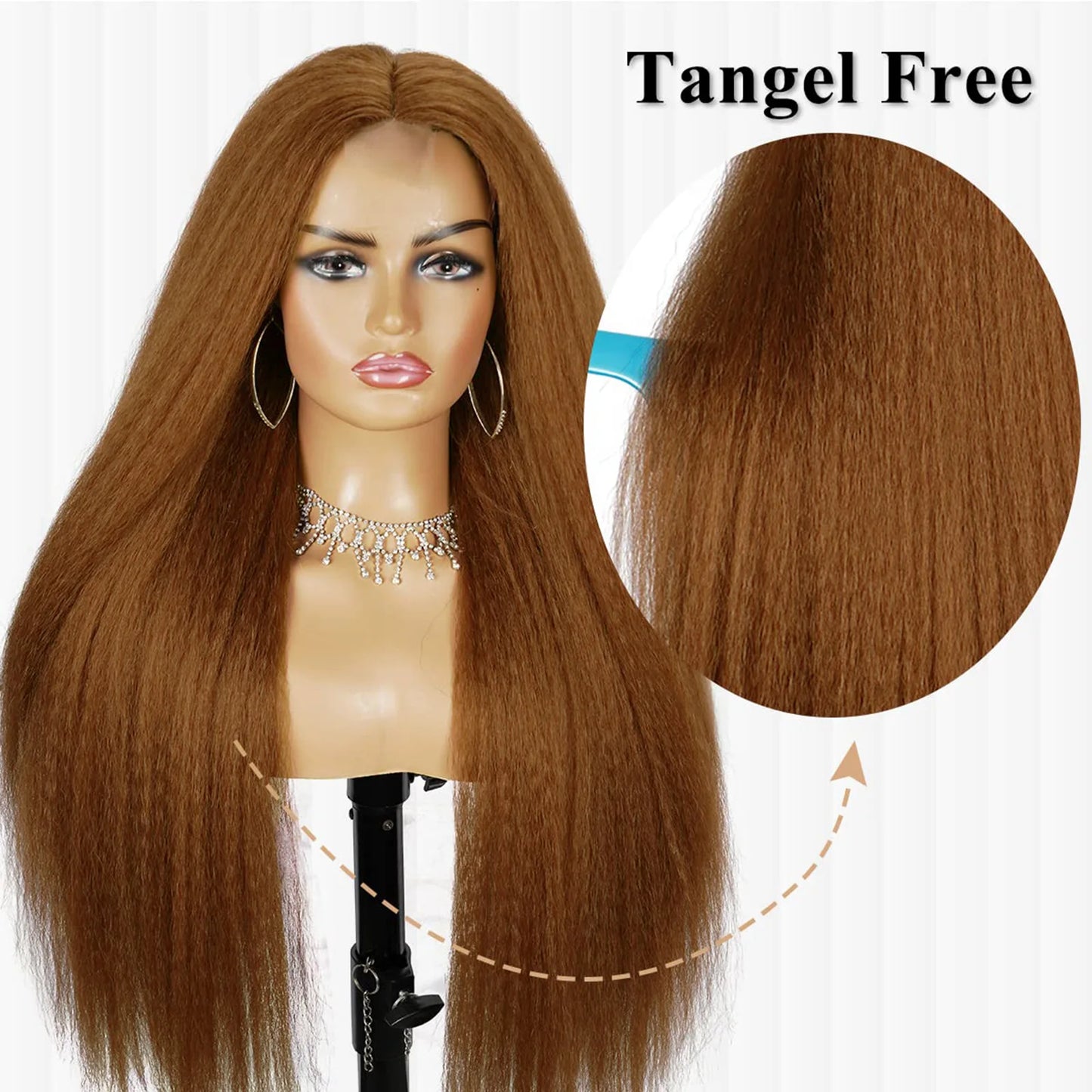 32-Inch Middle Center Part Hair Wig Yaki Kinky Straight Afro Synthetic Fiber Glueless Machine-Made Wigs Women