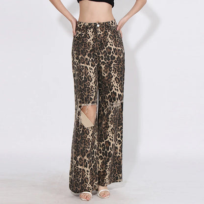 TWOTWINSTYLE Casual Vintage Fashion Leopard Denim High Waist Wide-Leg Pants Broken Holes Straight Loose Fit Breathable Design