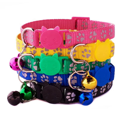 Cute 1.0cm Reflective Stripe Cat Collar with Breakaway Head Plastic Buckle Polyester Small Colored Bell Printed Pet Paws Design