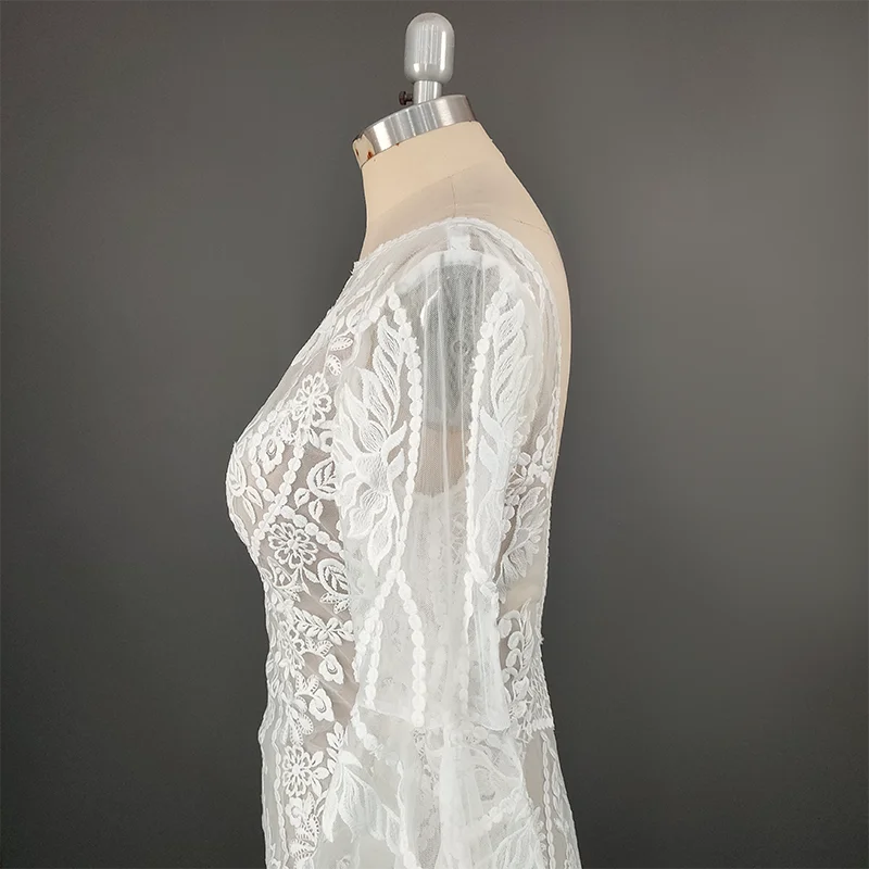 4515# Modern Sweep Train Backless Flare Sleeves Wedding Dress Elegant Illusion Appliques Mermaid Lace Bridal Gown REAL PICTURE