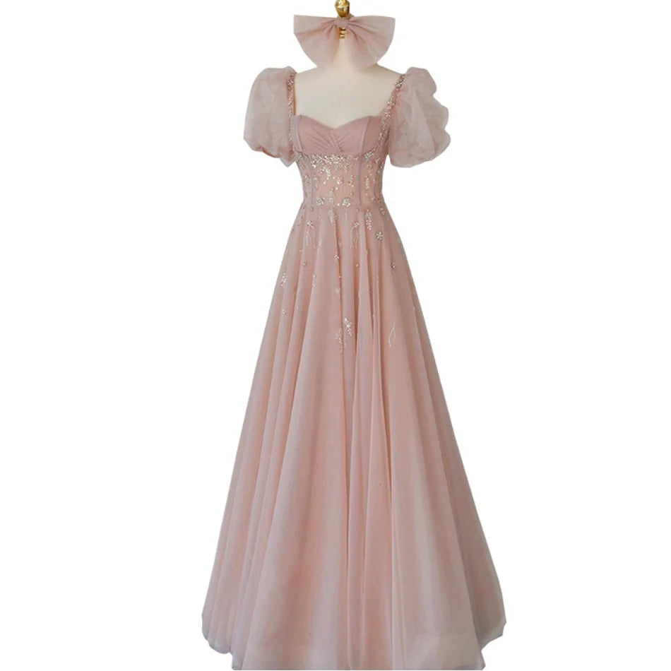 Elegant Short Puff Sleeve Beading Sequins Lace Bow A-line Lace-up Bridesmaid Dress for Girls Evening Party Dress Plus Size Women