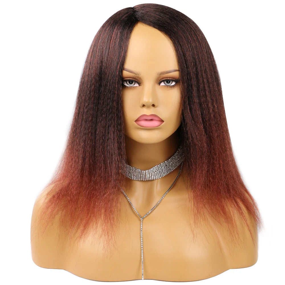 Wholesale 14 Inch Yaki Straight Afro Light Brown Lace Hair Wig Glueless Synthetic Middle Part Women  Machine-Made Long Wigs