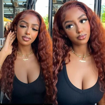 Reddish Brown Curly Lace Front Wig Human Hair Wig Deep Wave 13x4 HD Lace Frontal Wigs With Baby Hair for Women 180% Density