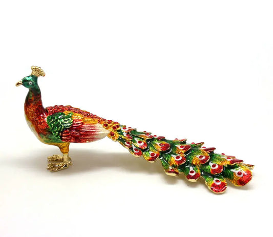 SHINNYGIFTS Peacock Shape Jewelry Trinket Box Metal Enameled With Rhinestone Metal Craft Collectibles