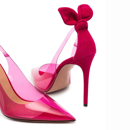 Plus Size Pointed Toe Hot Pink PVC Clear High Heels Stilettos Bow Knotted Women Sexy Pumps Party