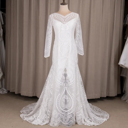 #4055 2 Piece in 1 BOHO Bohemian Long Sleeve Destination Wedding Dress Appliques Lace Wedding Shoot Post Bridal Gown REAL PHOTO